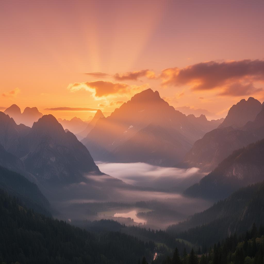 Golden sunrise over majestic mountain peaks